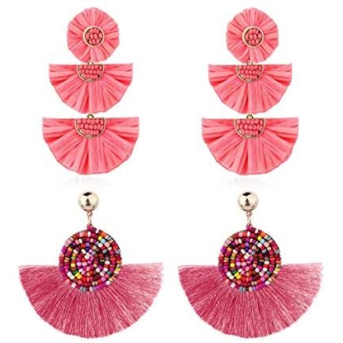 LOYALLOOK 2 Pairs Bohemian Tassel Drop Earring for Women Girls Handmade Bead Raffia Palm Tiered Long Dangle Statement Tassel Earrings