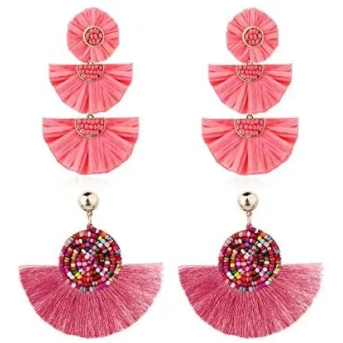 LOYALLOOK 2 Pairs Bohemian Tassel Drop Earring for Women Girls Handmade Bead Raffia Palm Tiered Long Dangle Statement Tassel Earrings LOYALLOOK 2 Pairs Bohemian Tassel Drop Earring for Women Girls Handmade Bead Raffia Palm Tiered Long Dangle Statement Tassel Earrings