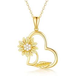 14k Gold Sunflower Heart Necklace for Women,''You are my sunshine'' Real Gold Love Jewelry Gifts for Wife Girlfriend, Present for Her16''-18''