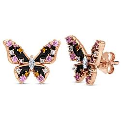 BERRICLE Rose Gold Flashed Sterling Silver Enamel Cubic Zirconia CZ Butterfly Fashion Necklace and Earrings Set