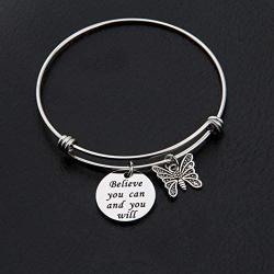 AKTAP Inspirational Bangle Bracelets Believe You Can and You Will Butterfly Charm Bracelet Encouragement Gift Faith Bracelet