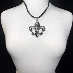 Large Chunky Unique Zebra Stripe Print Fleur De Lis Silver Tone Necklace & Dangle Earrings Set