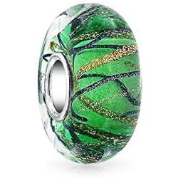 Murano Glass Spacer Blue Green Glitter Swirl Stripe Charm Bead Fits European Bracelet For Women Teen .925 Sterling Silver Core