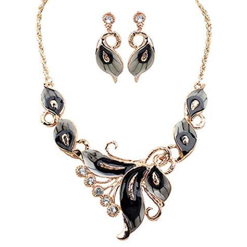 HAPPYLE Austrian Crystal Enamel Jewelry Sets Women Flower Jewelry Sets Chain Necklace Earrings Sets