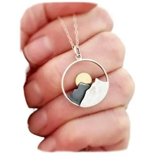 Bmadge Dainty Mountain Necklace Silver Circle Pendant Necklaces Chain Minimal Everyday Necklace Jewelry for Women and Girls