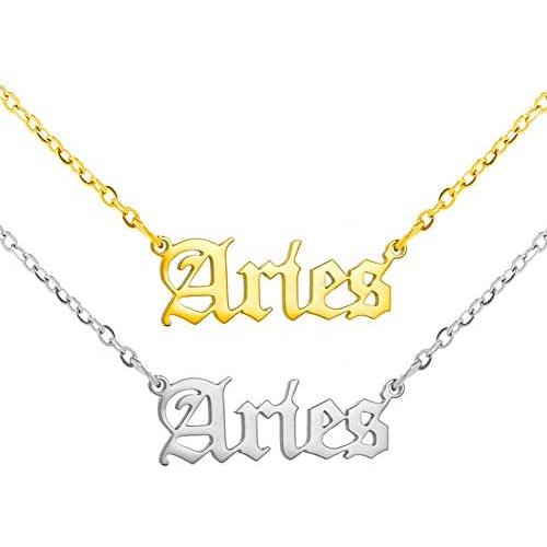 2Pcs Old English Zodiac Necklaces, 18K Gold Silver 12 Constellation Pendant Necklace for Women Girls, Horoscope Astrology Letter Necklace Birthday Gift