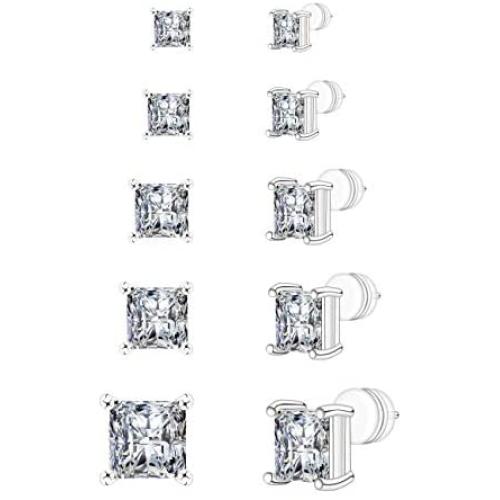 FOCOOG Stud Earrings,5 Pairs Square Clear Cubic Zirconia Earrings Stud Pack