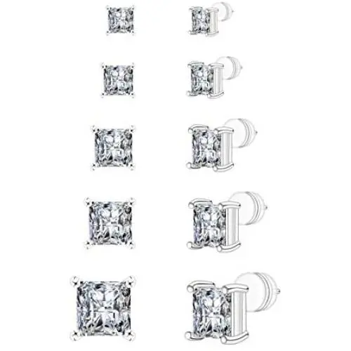 FOCOOG Stud Earrings,5 Pairs Square Clear Cubic Zirconia Earrings Stud Pack FOCOOG Stud Earrings,5 Pairs Square Clear Cubic Zirconia Earrings Stud Pack
