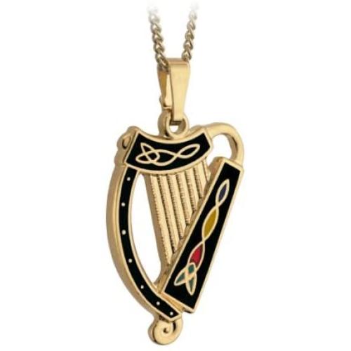 Tara Irish Harp Necklace Gold Plated & Black Enamel Made in Ireland