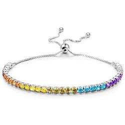 Kate Lynn Valentines Day Gifts for Her ✦Colorful Time✦ 925 Sterling Silver Adjustable Tennis Bracelet with 5A Cubic Zirconia Rainbow Bracelets for Women Jewelry with Gift Box