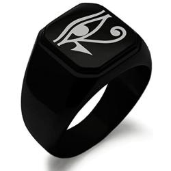 TIONEER Stainless Steel Signet Biker Rings for Men, Egyptian Symbol Square Flat Top (Black, Gold, Silver), Size 7-16