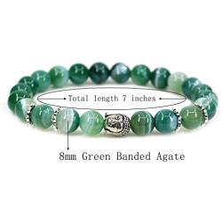 Crystal Agate Gemstone 8mm Round Beads with Silvery-Plated Alloy Buddha Head Hollow Petals Spacer Retro Stretch Bracelet 7 Inch