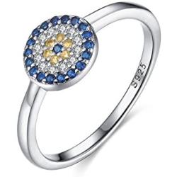 TONGZHE Dia.8mm Round Blue Evil Eye Band Ring in Sterling Silver 925 with Cubic Zirconia Size 6-8