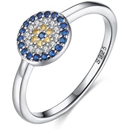 TONGZHE Dia.8mm Round Blue Evil Eye Band Ring in Sterling Silver 925 with Cubic Zirconia Size 6-8