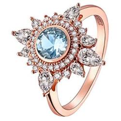 JIANGYUE Rose Gold Plated Blue Spinel Rings for Women Birthstone Rings for Girls White Cubic Zirconia Cocktail Rings Mothers Day Jewelry Gifts Size 5 6 7 8 9 10