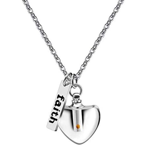 Dainty Christian Religious Mustard Seed Faith Pendant Necklace, Stainless Steel, Heart Shape Openable Bottle Case Y756-6
