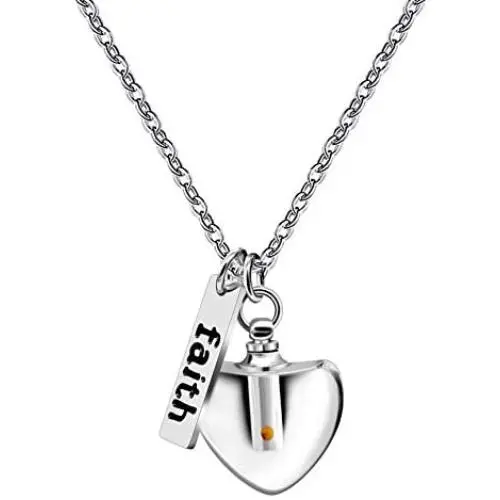 Dainty Christian Religious Mustard Seed Faith Pendant Necklace, Stainless Steel, Heart Shape Openable Bottle Case Y756-6 Dainty Christian Religious Mustard Seed Faith Pendant Necklace, Stainless Steel, Heart Shape Openable Bottle Case Y756-6