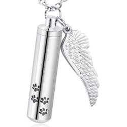 XIUDA Cylinder Cremation Necklace for Dog Ashes Angel Wing Urn Necklace with Pet Paw Print Memorial Ashes Necklace for Dog/Cat with Filling Kit