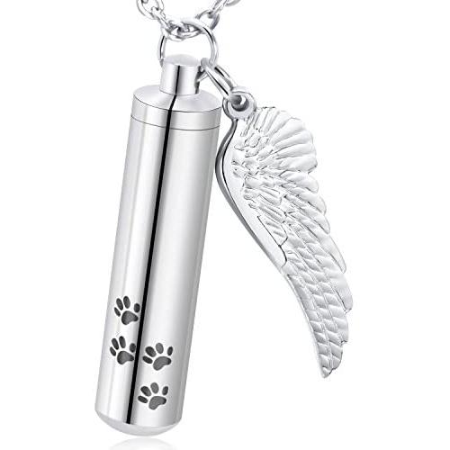 XIUDA Cylinder Cremation Necklace for Dog Ashes Angel Wing Urn Necklace with Pet Paw Print Memorial Ashes Necklace for Dog/Cat with Filling Kit
