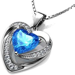 DEPHINI - Heart Necklace - 925 Sterling Silver - Branded Aqua CZ Crystal Pendant Birthstone - Fine Jewellery Love - 18'' Premium Rhodium Plated Silver Chain - Cubic Zirconia - Gifts for Women