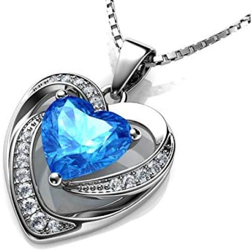 DEPHINI - Heart Necklace - 925 Sterling Silver - Branded Aqua CZ Crystal Pendant Birthstone - Fine Jewellery Love - 18'' Premium Rhodium Plated Silver Chain - Cubic Zirconia - Gifts for Women