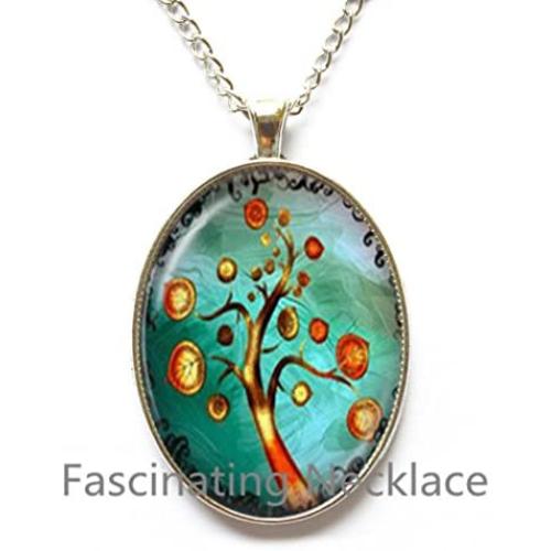 Charming Wisdom Life Tree Pendant Necklace Silver collares for Men Tree of Life Choker Glass cabochon Neckless Women Jewellery，AQ192