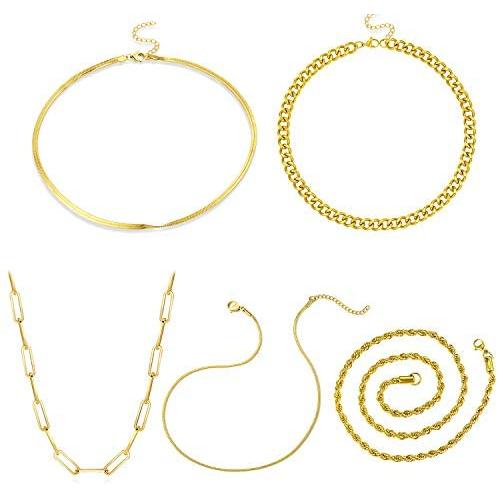 Yolanda 5 Pieces Gold Chain Necklace for Women Girls Snake Chain Herringbone Paperclip Choker Necklaces Dainty Link Jewelry