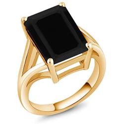 Gem Stone King Black Onyx 18K Yellow Gold Plated Silver Womens Solitaire Ring 6.60 Ct Gemstone 14X10MM Emerald Cut (Available 5,6,7,8,9)