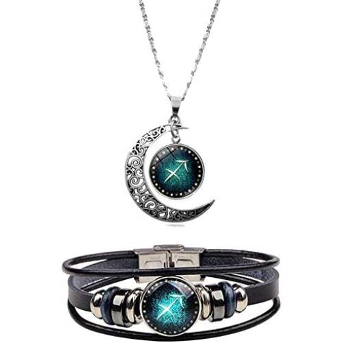 Dcfywl731 2Pcs Gemini Zodiac Sign Necklace Bracelet for Women Men 12 Twelve Constellations Leather Bracelet and Moon Pendant Charm Jewelry Set