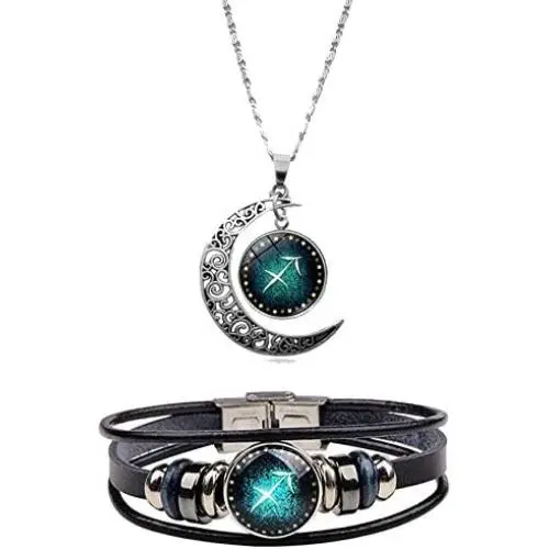 Dcfywl731 2Pcs Gemini Zodiac Sign Necklace Bracelet for Women Men 12 Twelve Constellations Leather Bracelet and Moon Pendant Charm Jewelry Set Dcfywl731 2Pcs Gemini Zodiac Sign Necklace Bracelet for Women Men 12 Twelve Constellations Leather Bracelet and Moon Pendant Charm Jewelry Set