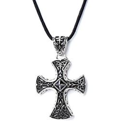COOLSTEELANDBEYOND New Stainless Steel Gothic Celtic Cross Pendant Necklace with Cz Accent 22.8 Inches Black Silicone Cord