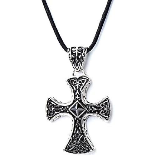 COOLSTEELANDBEYOND New Stainless Steel Gothic Celtic Cross Pendant Necklace with Cz Accent 22.8 Inches Black Silicone Cord