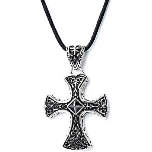 COOLSTEELANDBEYOND New Stainless Steel Gothic Celtic Cross Pendant Necklace with Cz Accent 22.8 Inches Black Silicone Cord COOLSTEELANDBEYOND New Stainless Steel Gothic Celtic Cross Pendant Necklace with Cz Accent 22.8 Inches Black Silicone Cord
