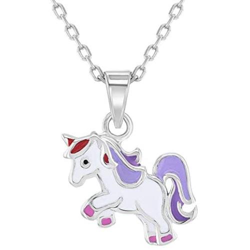 925 Sterling Silver Purple Sweet Enamel Unicorn Necklace Pendant Girls Kids 16''