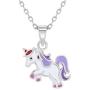 925 Sterling Silver Purple Sweet Enamel Unicorn Necklace Pendant Girls Kids 16''