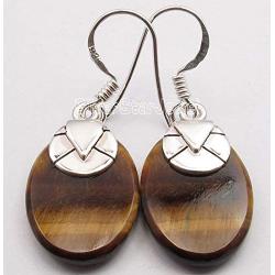 SilverStarJewel Natural Tigers Eye Earrings 1.4'' 4.5 Grams 0.925 Solid Silver New Stone