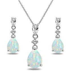 Sterling Silver Genuine or Synthetic Gemstone & White Topaz Pear-Cut Teardrop Dangling Stud Earrings & Necklace Set