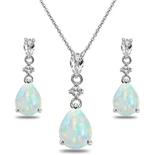 Sterling Silver Genuine or Synthetic Gemstone & White Topaz Pear-Cut Teardrop Dangling Stud Earrings & Necklace Set Sterling Silver Genuine or Synthetic Gemstone & White Topaz Pear-Cut Teardrop Dangling Stud Earrings & Necklace Set