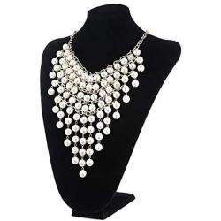 Faux Pearl Necklace Bib Chunky Necklaces For Women Fashion Jewelry Costume Layered Necklaces For Women Multi Strand Pearl White Beaded Statement Necklaces Earrings Set
