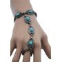 TFJ Women Fashion Jewelry Hand Chain Metal Bracelet Slave Ring Turquoise Blue Ethnic Antique Silver
