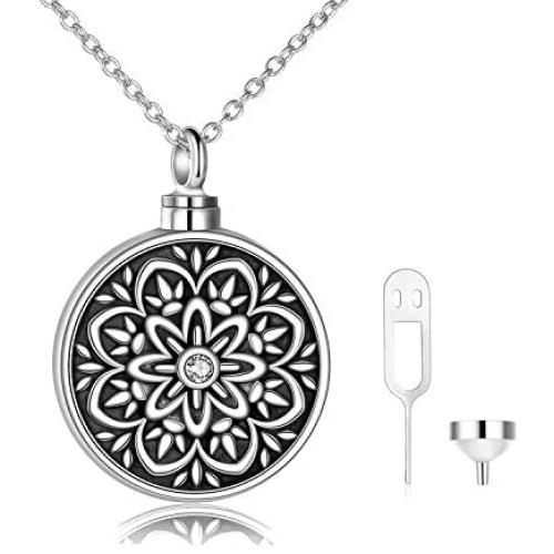 POPLYKE Cremation Necklace Jewelry for Ashes for Women Sterling Silver Flower of Life Urn Ashes Necklace