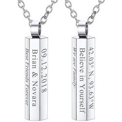 U7 Men Women 6 Sided Bar Necklace Personalized Mantra Jewelry Stainless Steel Cube Bar Pendant with Chain 22 Inch,Name Plate, Initials Engrave Necklaces for Mother/Daughter/Lover