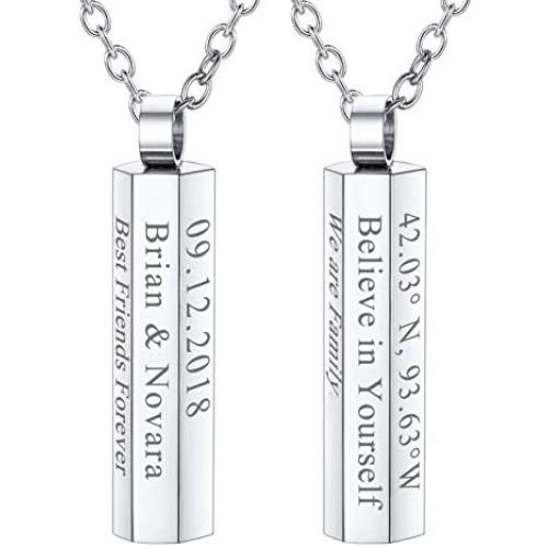 U7 Men Women 6 Sided Bar Necklace Personalized Mantra Jewelry Stainless Steel Cube Bar Pendant with Chain 22 Inch,Name Plate, Initials Engrave Necklaces for Mother/Daughter/Lover