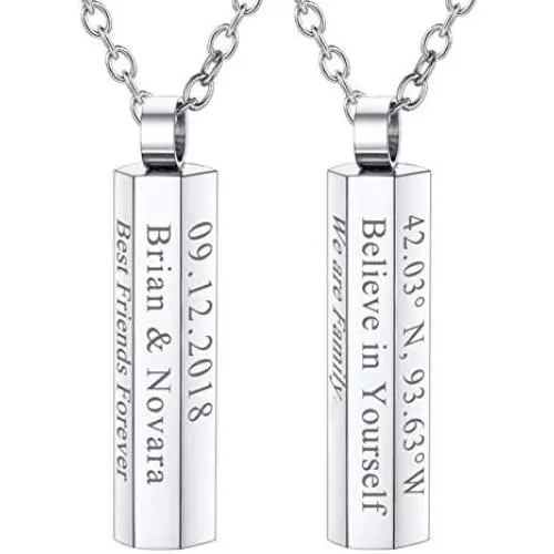U7 Men Women 6 Sided Bar Necklace Personalized Mantra Jewelry Stainless Steel Cube Bar Pendant with Chain 22 Inch,Name Plate, Initials Engrave Necklaces for Mother/Daughter/Lover