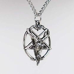 Real Metal Baphomet Satanic Goat Head Inverted Pentagram Silver Finish One Inch Pendant Necklace
