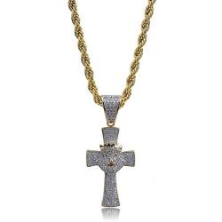 Moca Jewelry Hip Hop Iced Out Bling Lion with Crown Cross Pendant 18K Gold Plated Chain Necklace for Men Women
