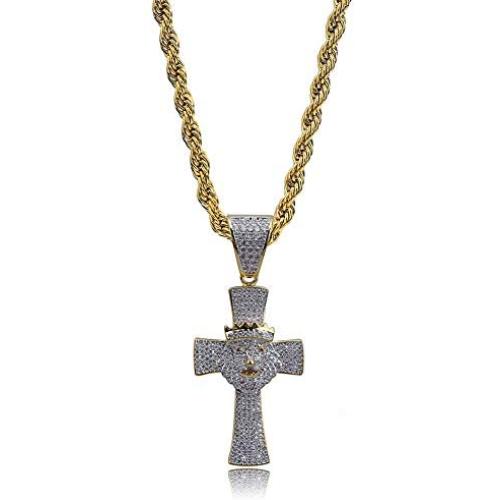 Moca Jewelry Hip Hop Iced Out Bling Lion with Crown Cross Pendant 18K Gold Plated Chain Necklace for Men Women