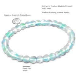 LIFE TOKEN Shimmer Beads 8mm Glowing Glass Mermaid Moonstone Stretch Bracelet for Women Light Mystic Aqua Blue Rainbow