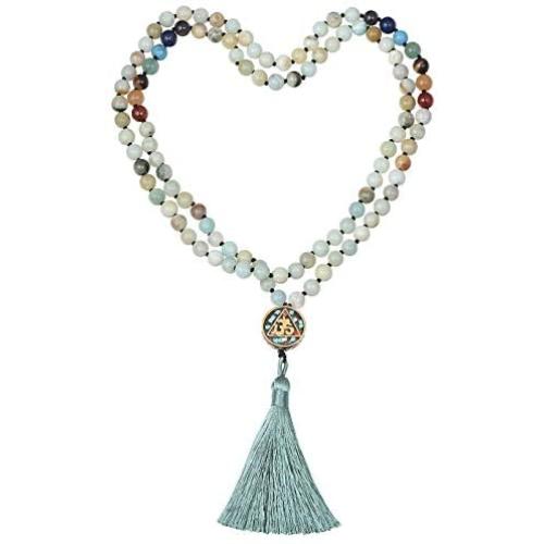 Nupuyai 108 Mala Prayer Beads Necklace for Women Men, 7 Chakra Crystal Stone Long Wrap Necklace with Tassel OM Charm Yoga Meditation Reiki Quartz Jewelry