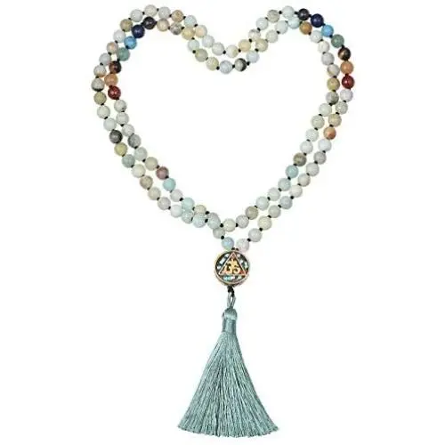 Nupuyai 108 Mala Prayer Beads Necklace for Women Men, 7 Chakra Crystal Stone Long Wrap Necklace with Tassel OM Charm Yoga Meditation Reiki Quartz Jewelry